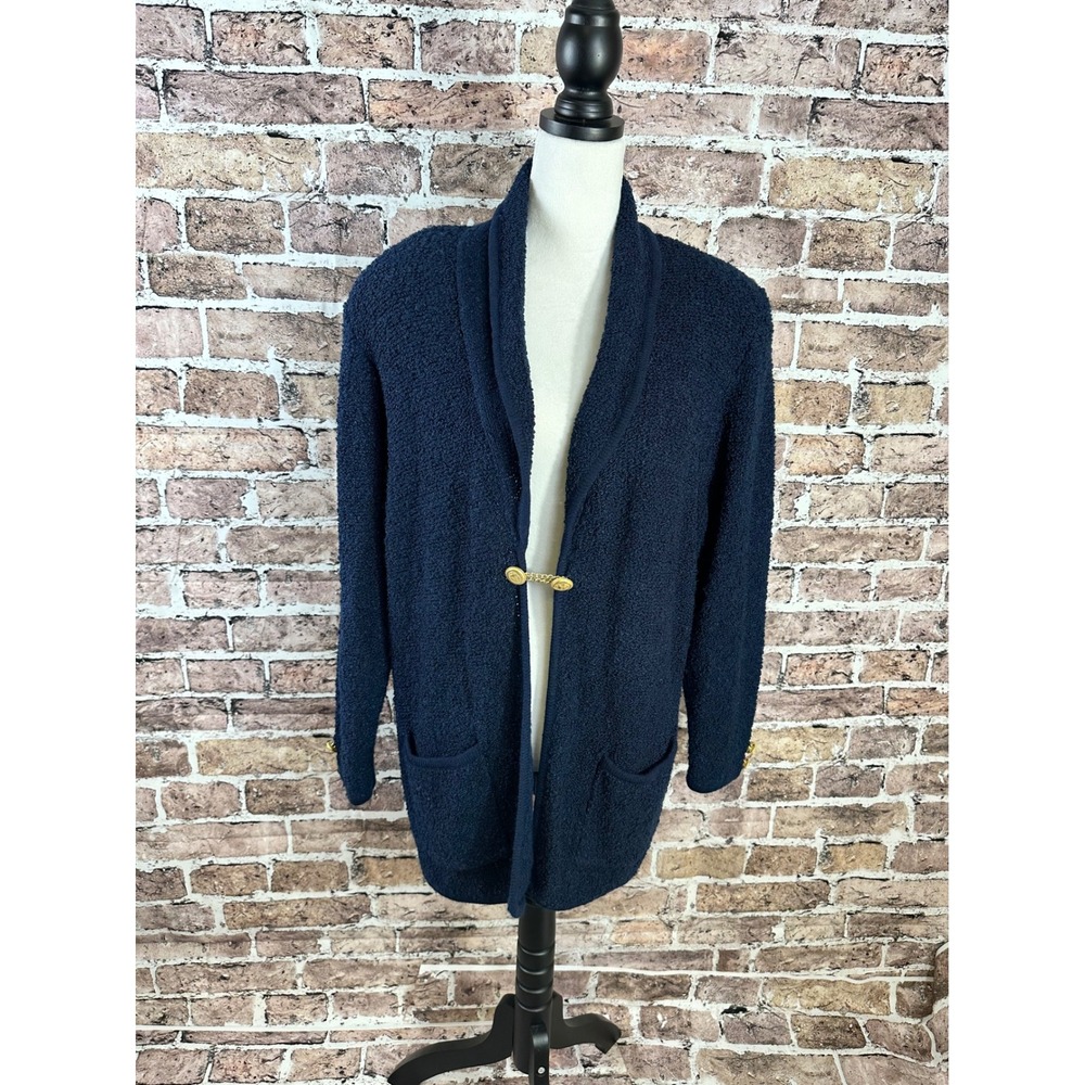 VTG Side‎ Effects Navy Blue Textured Cardigan Sweater Women's M Nautical Clasp